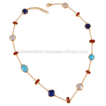 Arizona Turquoise Lapis Coral Stick &amp; Pearl Multi Shapes Gemstone avec collier en argent sterling